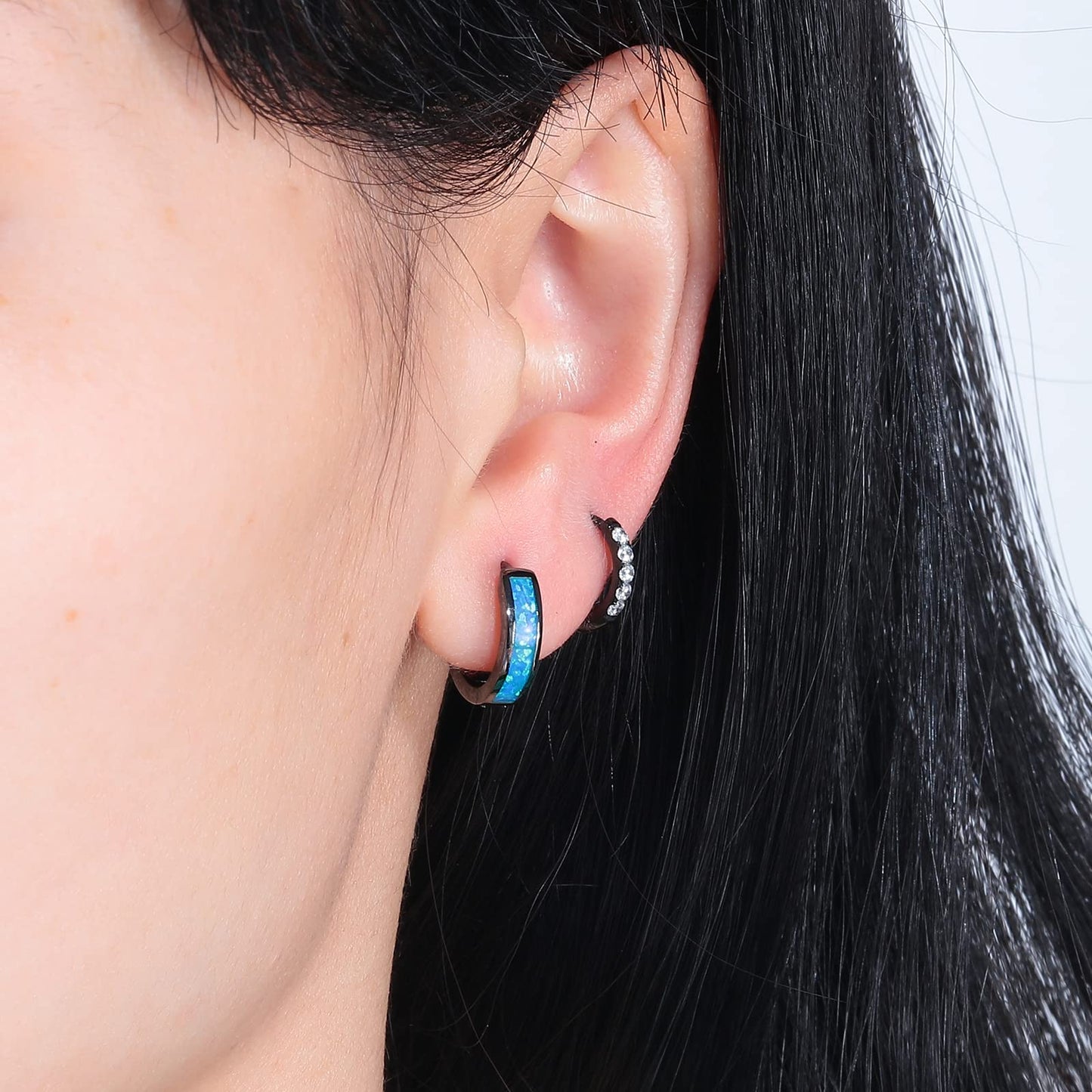 CiNily 2 Pairs Small Hoop Earrings Set Hypoallergenic Black Gold Plated Blue Opal Hoops Surgical Stainless Steel Cubic Zirconia