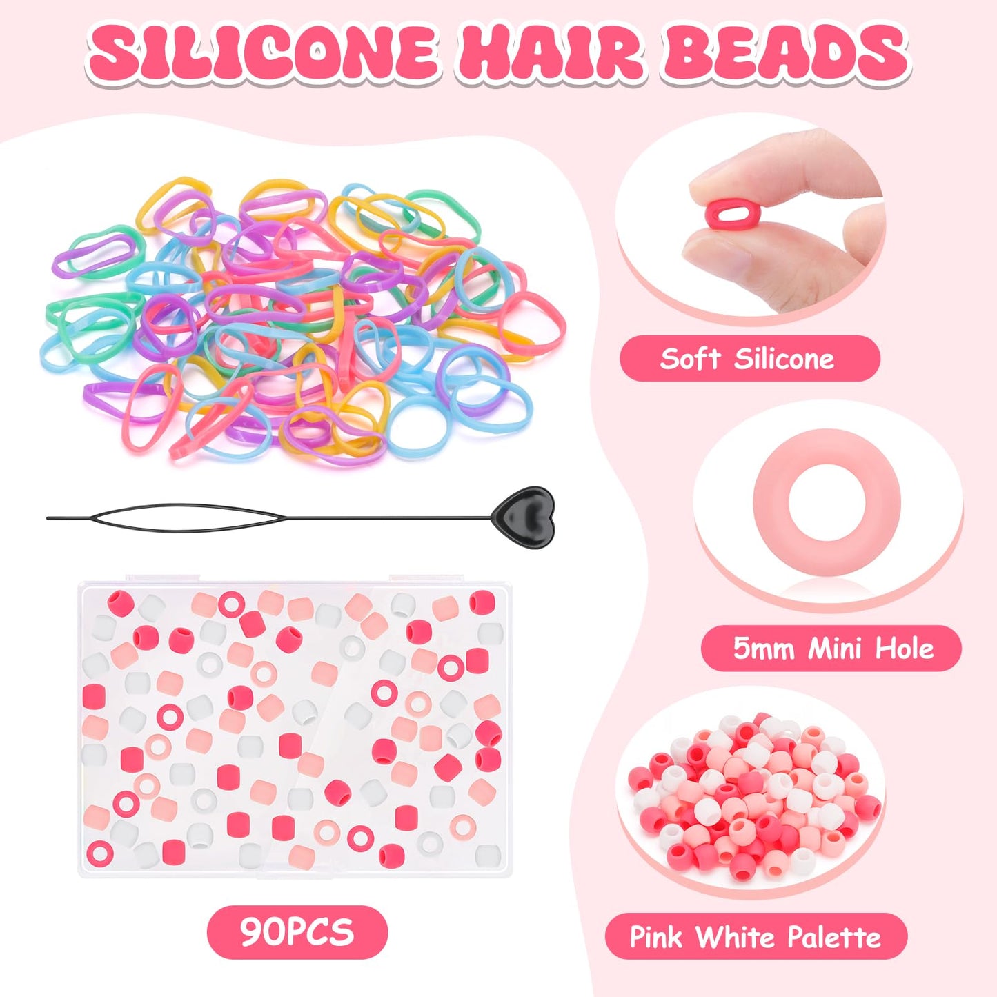 FunisFun 90Pcs Silicone Hair Beads 5mm Soft Pony Beads for Braids 3 Colors Cute Hair Accessories for Kids Girls Daily Hairstyles
