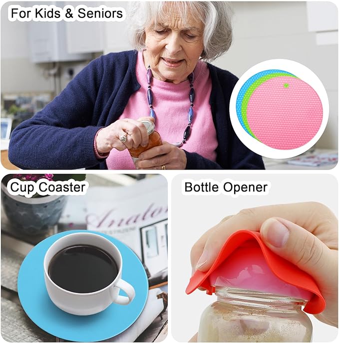 uxcell 3pcs Silicone Jar Opener Pads, 17.5cm/7" Texture Can Opener Multipurpose Round Bottle Lid Opener Non-Slip Coasters for Weak Hands Seniors Children, Pink, Blue, Green
