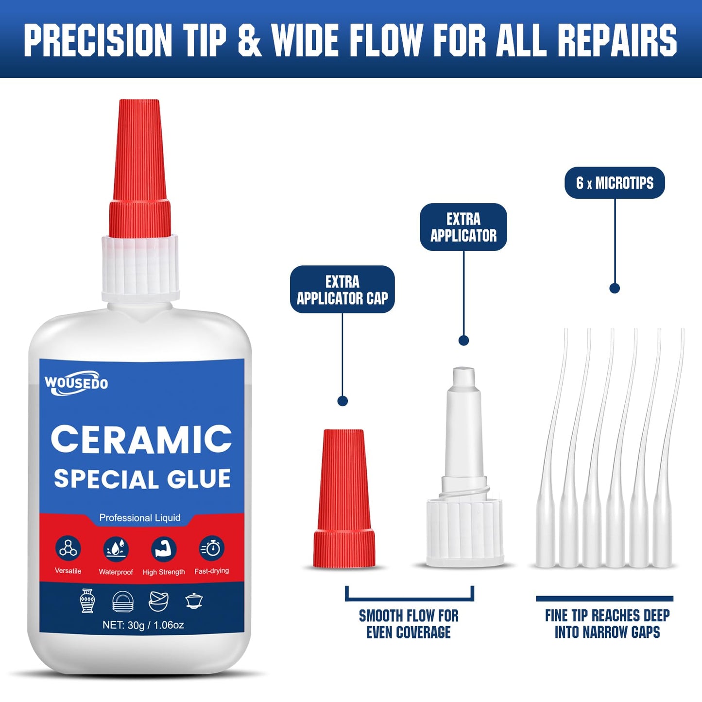 30g Ceramic Super Glue, Instant Bond High Strength Waterproof Adhesive for Porcelain,Clay Pots,Figurine, Pottery, Dishes Repair, DIY Crafts.