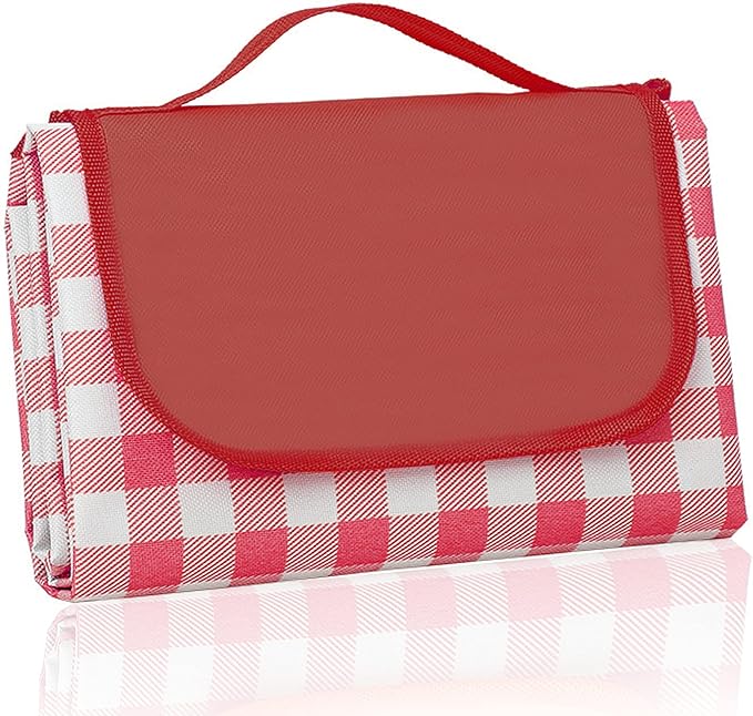 QWXNRG Outdoor Picnic Blanket, Foldable Waterproof Sand Mat, Extra Large Picnic Blanket 80" x 80" for Beach Camping Hiking Travel Outdoor Family Concerts - Red Striped