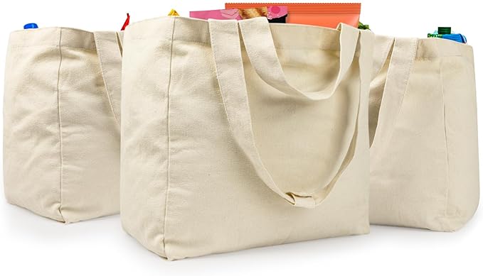 VitaSerena Canvas Grocery Bags with Dual Handles(3 Pack), Large Reusable Shopping Bags for Groceries, Inner Pockets, Washable, Shrink Resistant, Heavy Duty, Foldable