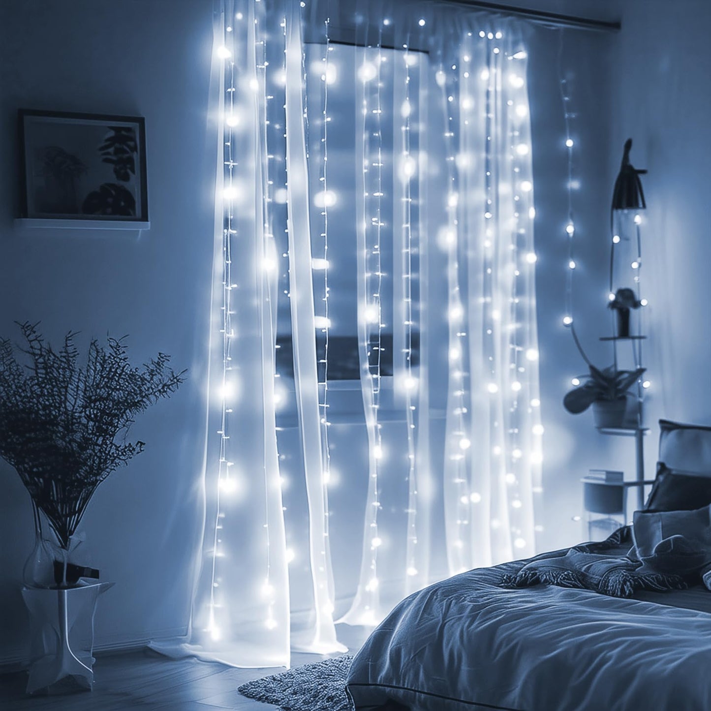 amadecohome Curtain String Lights, LED Icicle Lights, Cool White, Copper Material, Wedding Party Outdoor Indoor Decorations