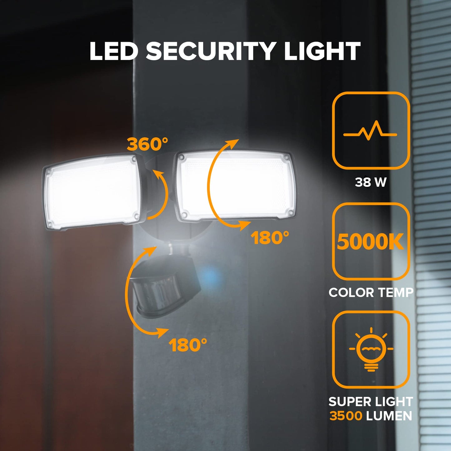 Lutec Dual-Head Led Floodlight, 38W 3500 Lumen, Motion Activated, Black, Model 7635401012-B, 5000K Daylight, Dusk