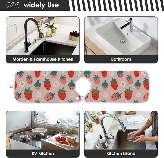 Kitchen Faucet Absorbent Mat,Strawberry Summer Berry Water Splash Guard for Sink, Faucet Drip Catcher Thicken Sponge Microfiber Faucet Water Catcher Mat Sink Absorbent Mat for Kitchen 14x5in 2 Pack