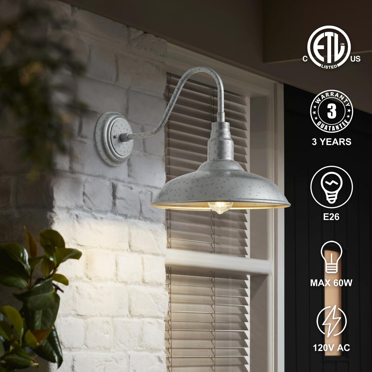 GOALPLUS 14in Gooseneck Barn Light Fixture, Galvanized Metal Wall Sconce, Model LM2202-SV, for Patio and Garage
