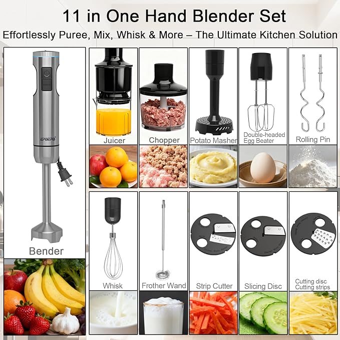 Handheld Immersion Blender, 1000W Powerful 11-in-1 Set for Smoothies,Orange Juicer, Egg Beater, Dough Hook, Vegetable Chopper, Potato Masher