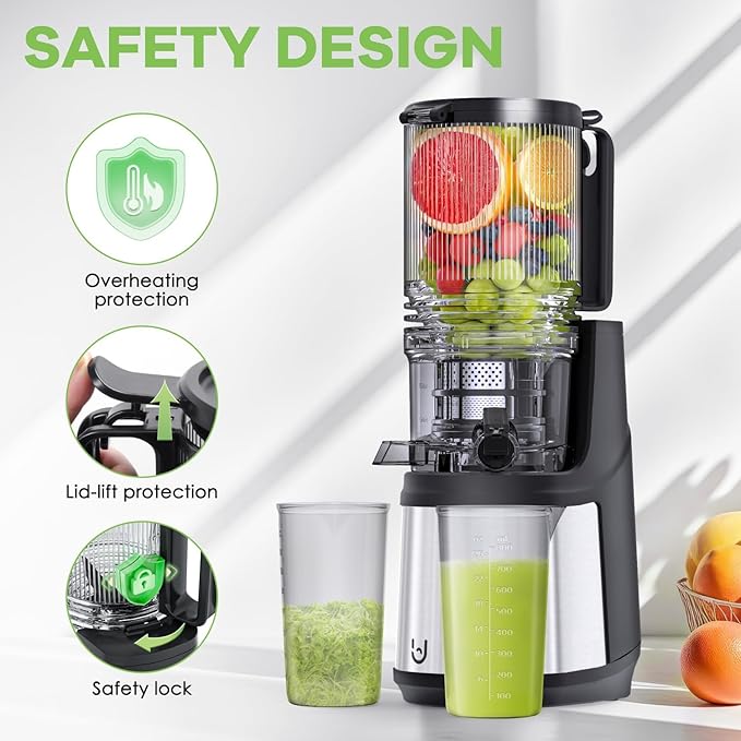 Cold Press Juicer, 5.8" Wide Feed Chute Juice Extractor Machine with 400W, High Juice Yield, Slow Masticating Juicer for Whole Vegetables & Fruits, Gray-Stainless Steel