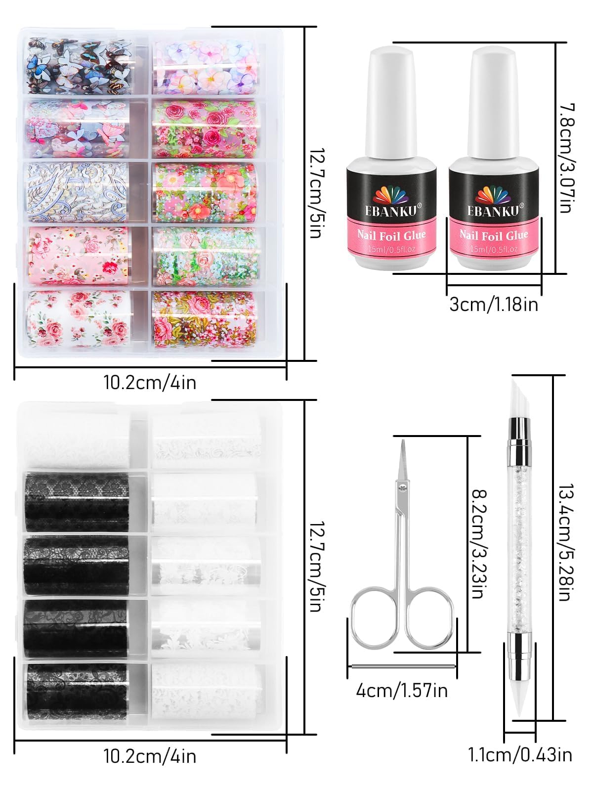 EBANKU Nail Foil Glue Gel, 20 Pcs Nail Art Foil with 30ML Glue, Flower Foils Transfer Stickers Transfer Foils Gels Polish Set fo
