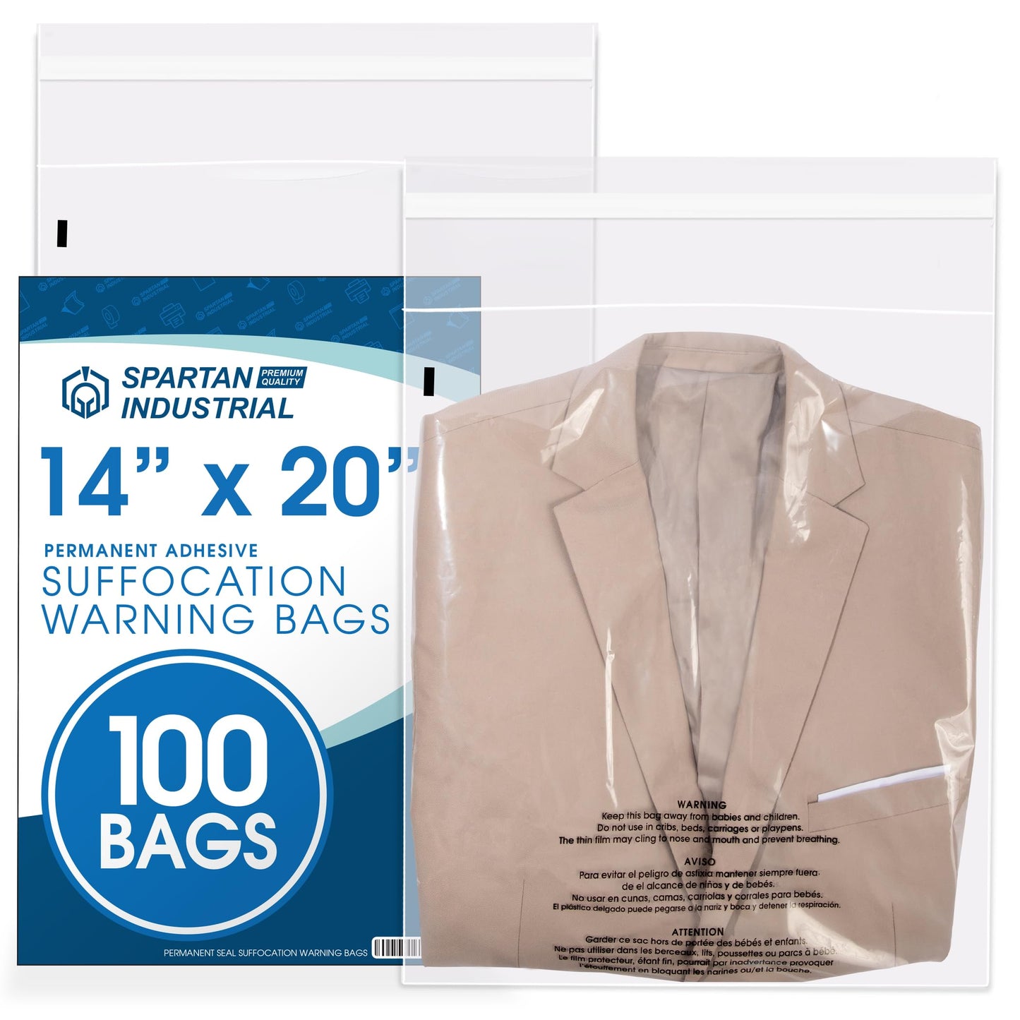 Spartan Industrial - 14” X 20” (100 Count) Self Seal Clear Poly Bags with Suffocation Warning for Packaging, Clothes & Shipping - Permanent Adhesive