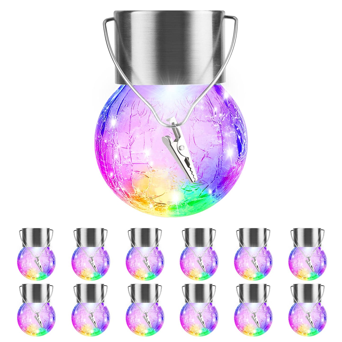 Partphoner 12 Pack Solar Globe Lights - Waterproof  ed Glass Lanterns, Color Changing, Stainless Steel, Model Pa1168