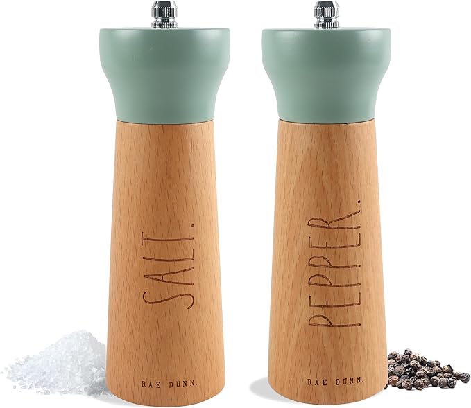 Rae Dunn Salt and Pepper Grinder Set of 2 - Bamboo Sea Salt Pepper Grinder - Classy Salt and Pepper Shakers - Pepper Mill & Salt Mill, Sage