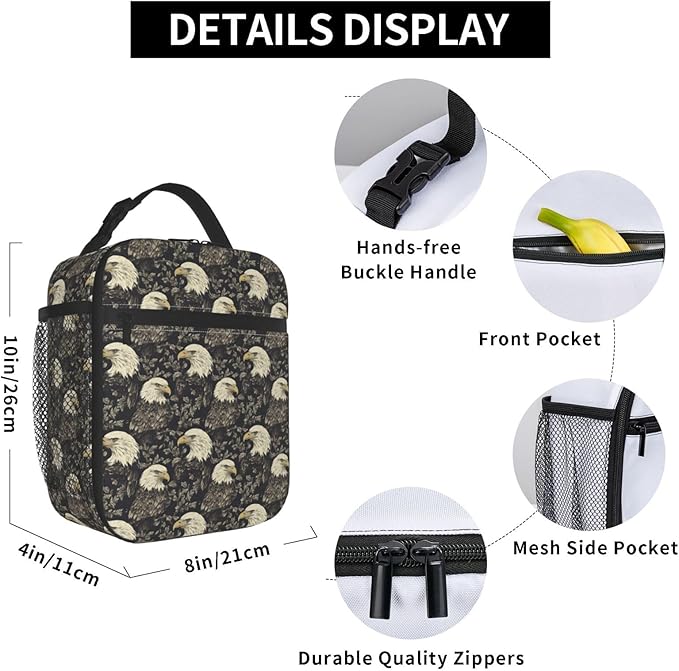 Vintage Eagle Lunch Box for Adults,Women,Men,Majestic Bird and Leaf Design Insulated Lunchbox,Leakproof Tote Bag,Reusable Cooler Bags for Work,Picnic,Office,Travel,Practical Lunchbag Gifts
