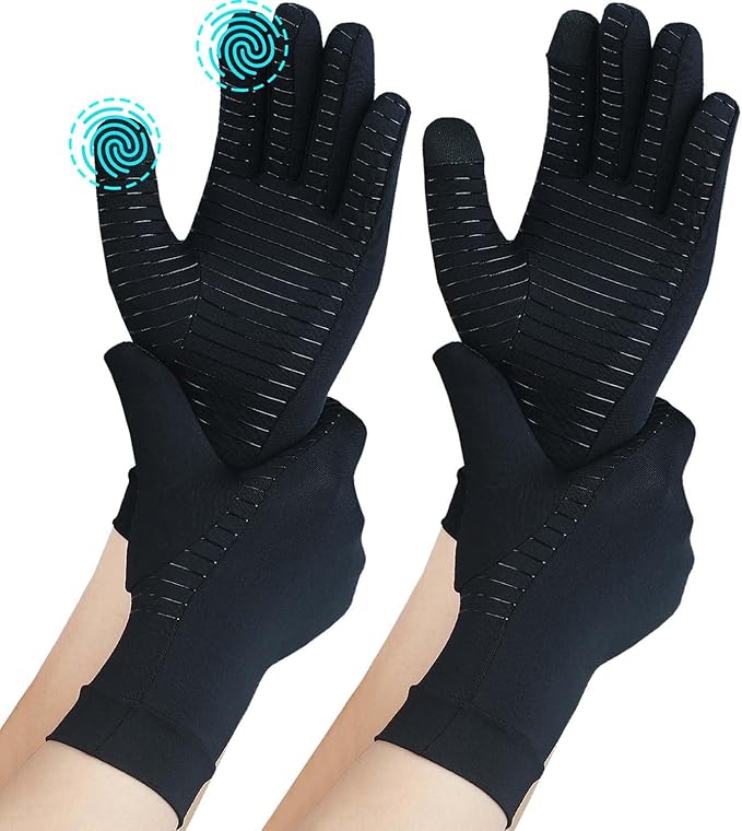 2 Pairs Full Finger Copper Arthritis Compression Gloves with Touchscreen Tips. Relief for Hand Pain, Carpal Tunnel, Rheuma...