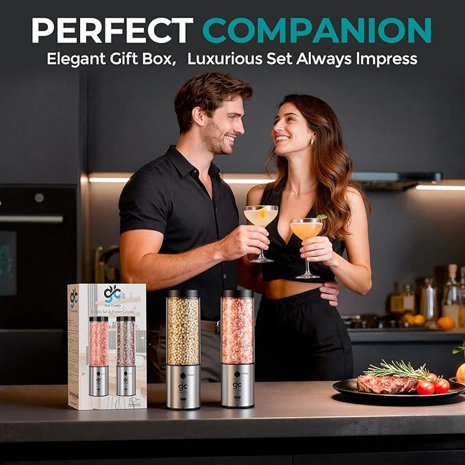Electric Salt & Pepper Grinder Set One-Handed Automatic Pepper Mill with LED Light Adjustable Coarseness Large-Capacity Refillable Mill Durable Ceramic Core Battery Powered Seasoning Grinder for Home