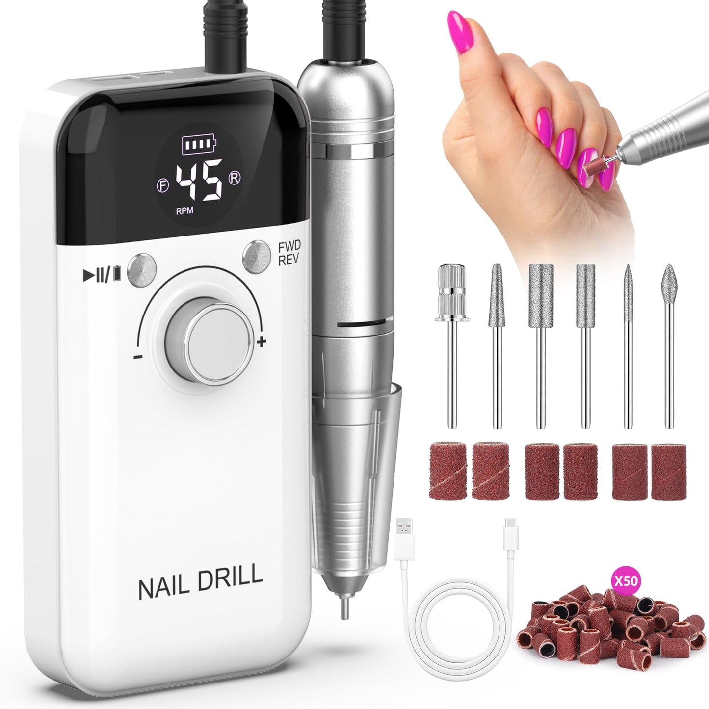 Electric Nail Drill Professional: 45000 RPM Portable Rechargeable Nail Drills Machine with 6 Bits, Drill para Uas E File for Acr