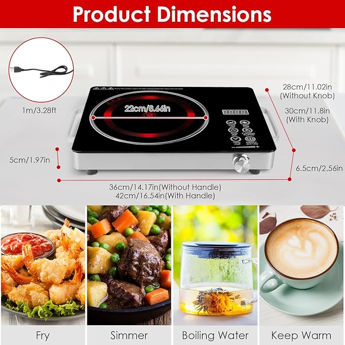 Infrared Electric Cooktop, 3500W Ceramic Single Hot Plates for Countertop, 12 Power Levels 0-3H Timer, Portable Handle, LED Display, Portable Stove for Home RV Camping(Black)