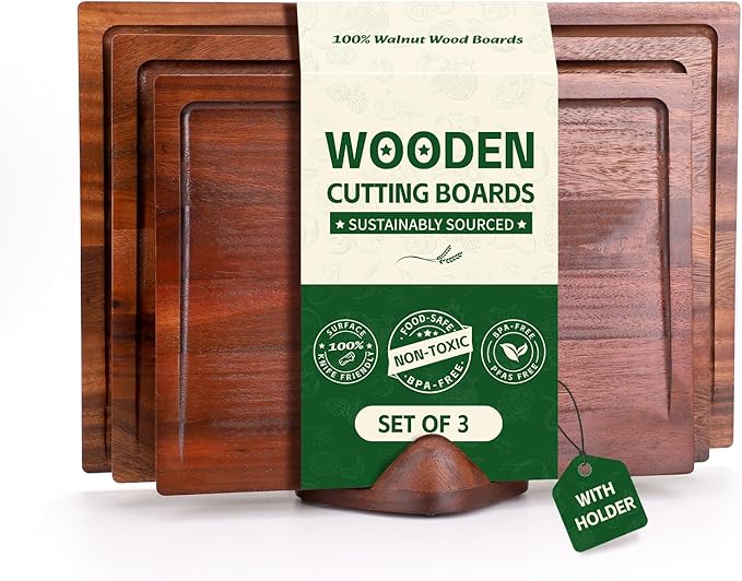 Walnut Wood Cutting Boards for Kitchen, 3 PCS Wooden Cutting Board Set with Holder Large to Small, Chopping Board Set with Deep Juice Grooves, Non Toxic Serving Tray, Perfect Mother's Day Gifts