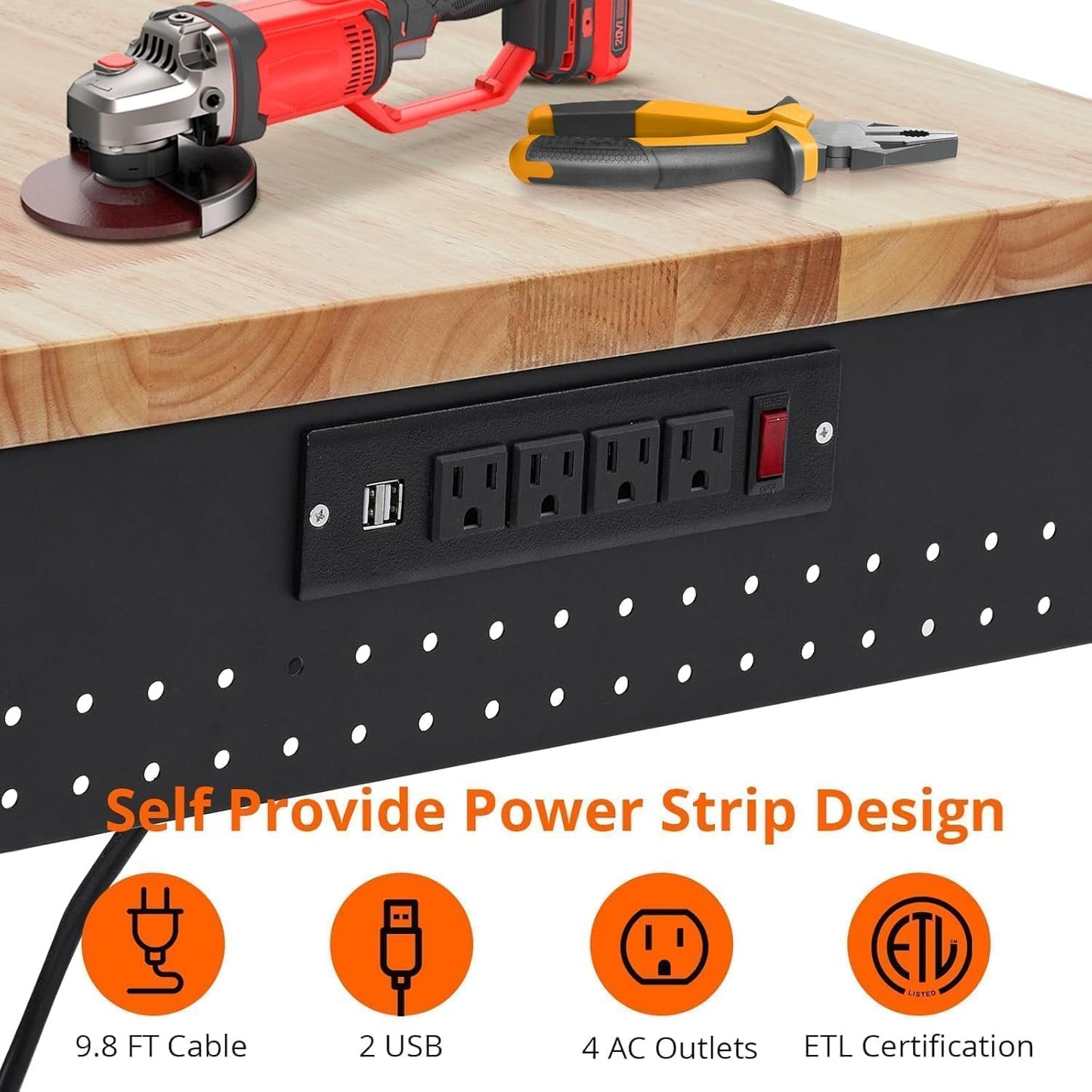 48x24 Inch Garage Workbench with Wheels, Adjustable Rubber Wood Top Garage Workbench with Power Outlet, 2000 Lbs Load Capacity for Workshop, Woodworking, Office