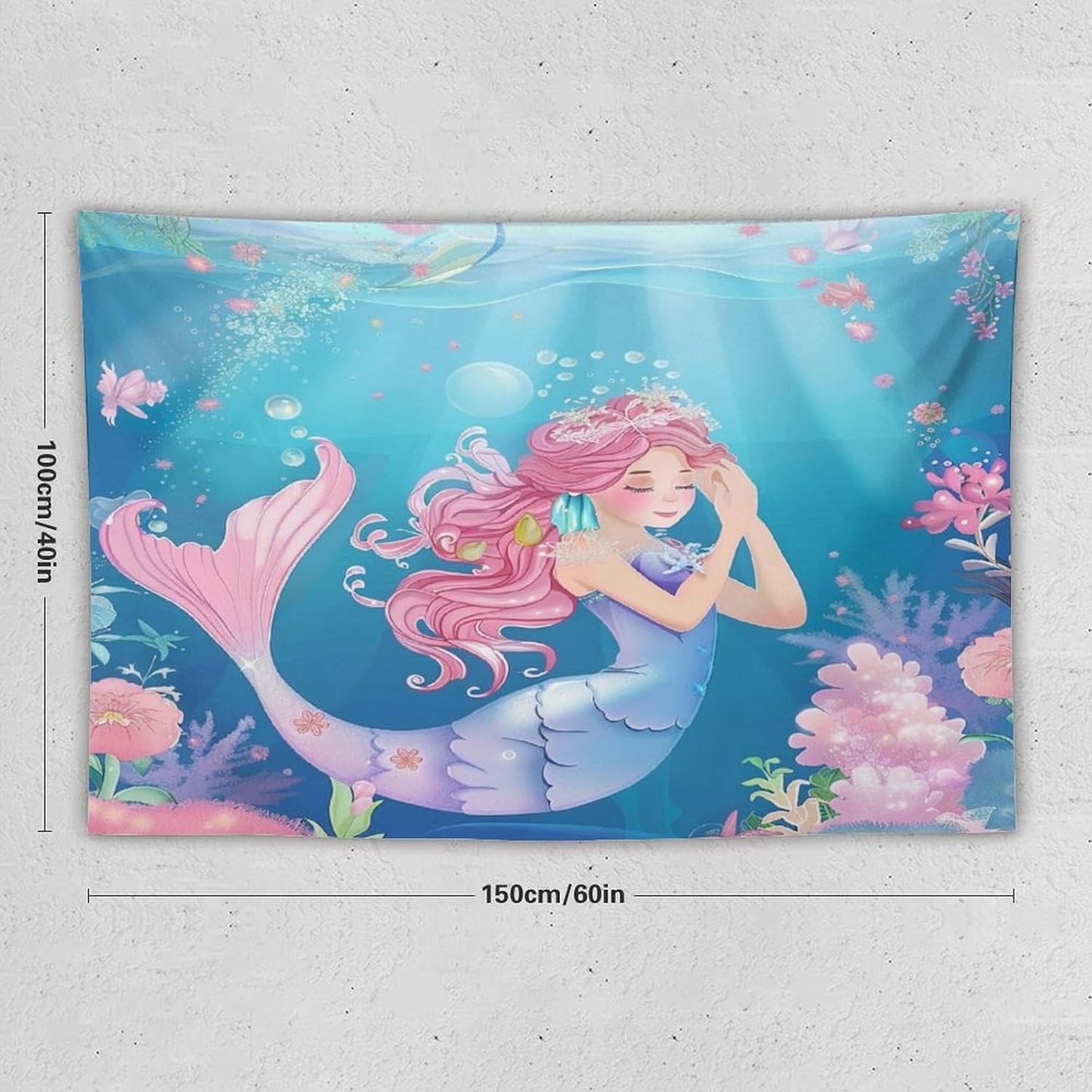 HZOHNAGO Mermaid Girls Tapestry Watercolor Flowers Mermaid Princess Blessing Pattern for Kids Room Decoration Printed Wall Tapestry Wall Hanging for Bedroom Living Room Dorm 60" W x 40" H