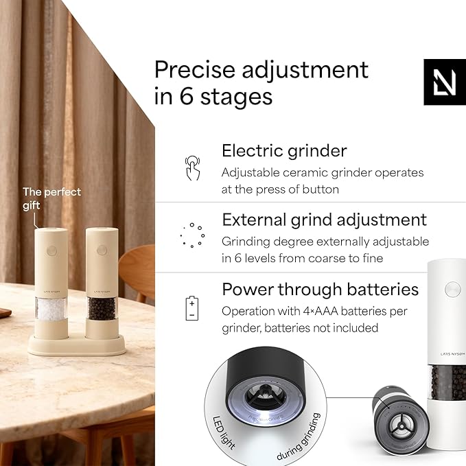 LARS NYSØM Electric Salt and Pepper Grinder Set I Automatic Salt and Pepper Mills with Adjustable Ceramic Grinder I AAA-Battery Operated Electric Spice Mill Set (Black/White)
