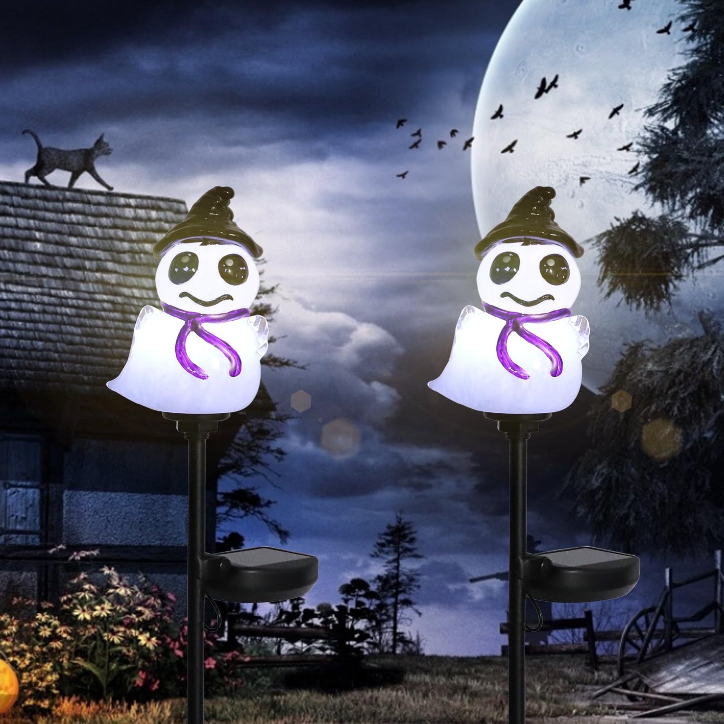 Bshine 2 Pack Halloween Ghost Solar Lights Hand Blown Glass Waterproof Outdoor Halloween Decorations Solar Led Decor