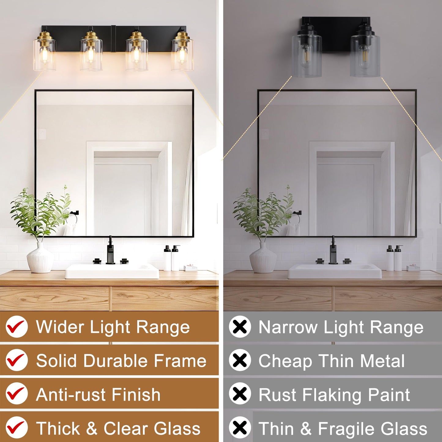 Black and Gold Bathroom Light Fixture, 4 Light Brushed Gold Vanity Light, 27.5" Modern Farmhouse Bathroom Lighting Fixtures Over Mirror, with Clear Glass Shade, Vanity Lights for Bedroom Hallway