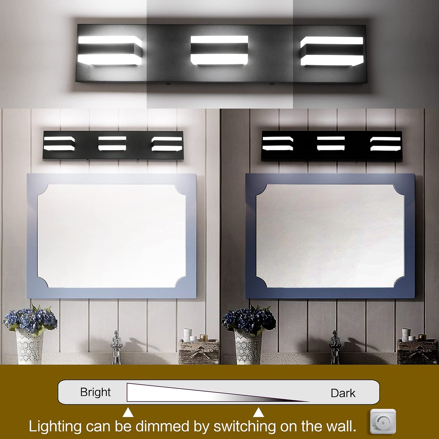 SOLFART Bathroom Vanity Light Fixtures, LED Dimmable, 3 Lights, 21.7 inch, Matt Black, Model S8568-3T-6000K, Aluminum