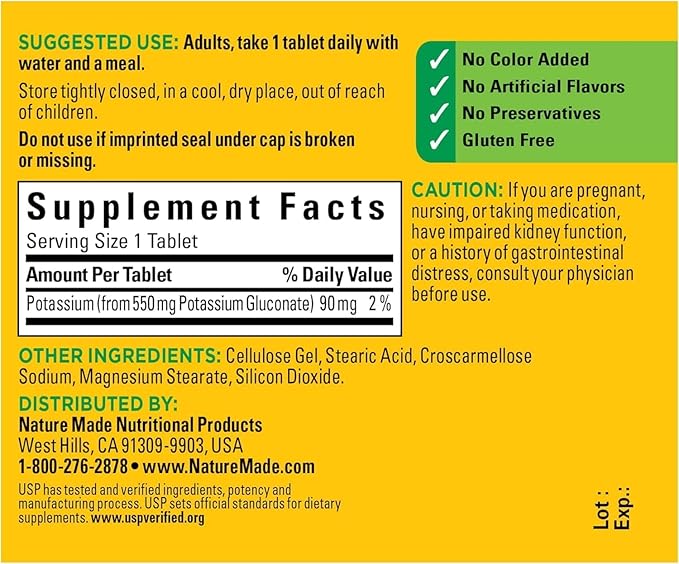 Nature Made Potassium Gluconate 550mg, 100 Tablets (Pack of 5)