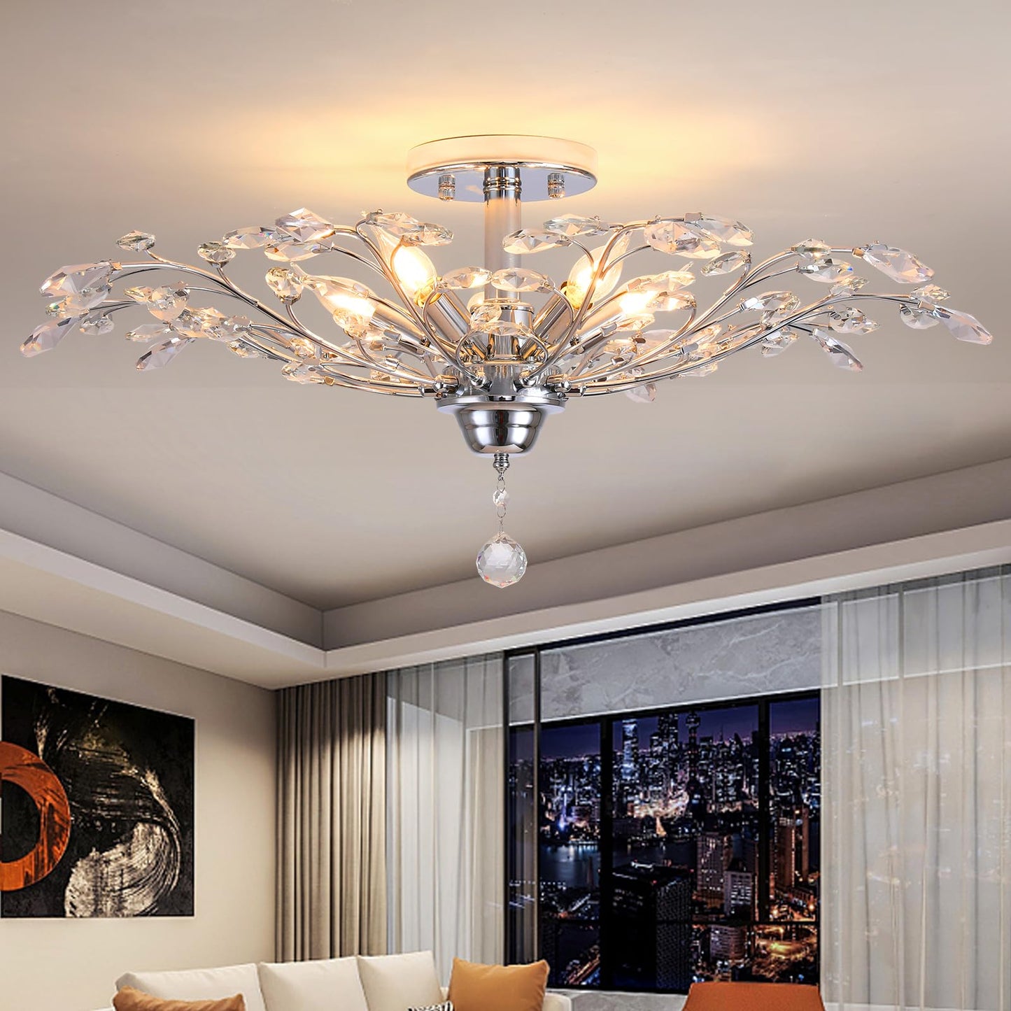 Ganeed Frozen Crystal Branch Close To Ceiling Light Chrome Silvery Vintage Chandelier With 5-Light Heads  Modern K9 Crystal Chandelier For Dining Room Living Room Bedroom Kitchen Over Table