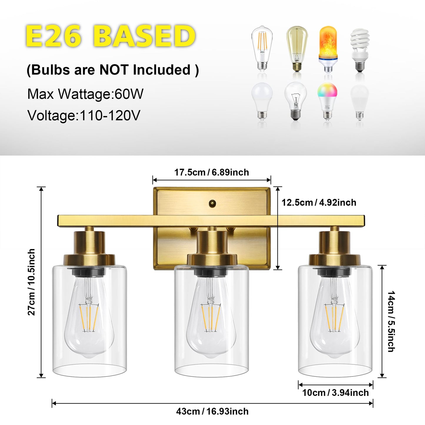 Ascher Bathroom Vanity Light Fixtures  3 Light Wall Sconces Lighting With Clear Glass Shade  Gold Wall Lights For Mirror  Kitchen  Living Room  Gallery  E26 Base (Bulbs Not Included)