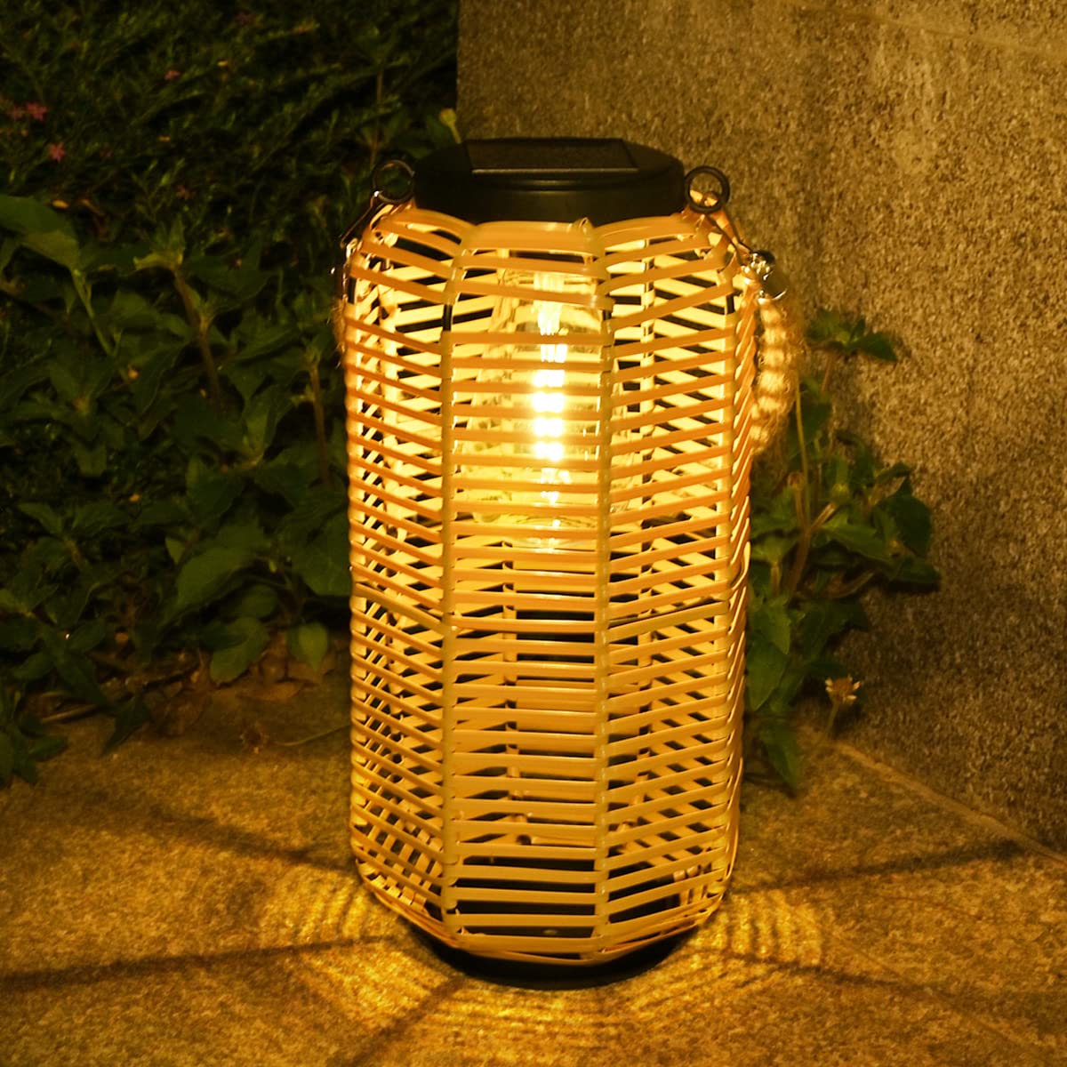 Livinlarge Solar Lantern - Rattan Waterproof Hanging Light with Twine Handle, Edison Bulb for Garden, Patio, Multicolor, Model 443