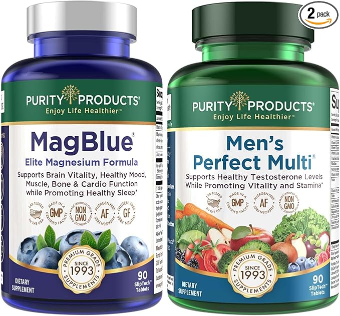 Purity Products Bundle - MagBlue + Men's Perfect Multi - MagBlue (Magnesium Bisglycinate Chelate Buffered + Vitamin D3 +More) - Men's Perfect Multivitamin - Supports Healthy Vitality, Energy + More