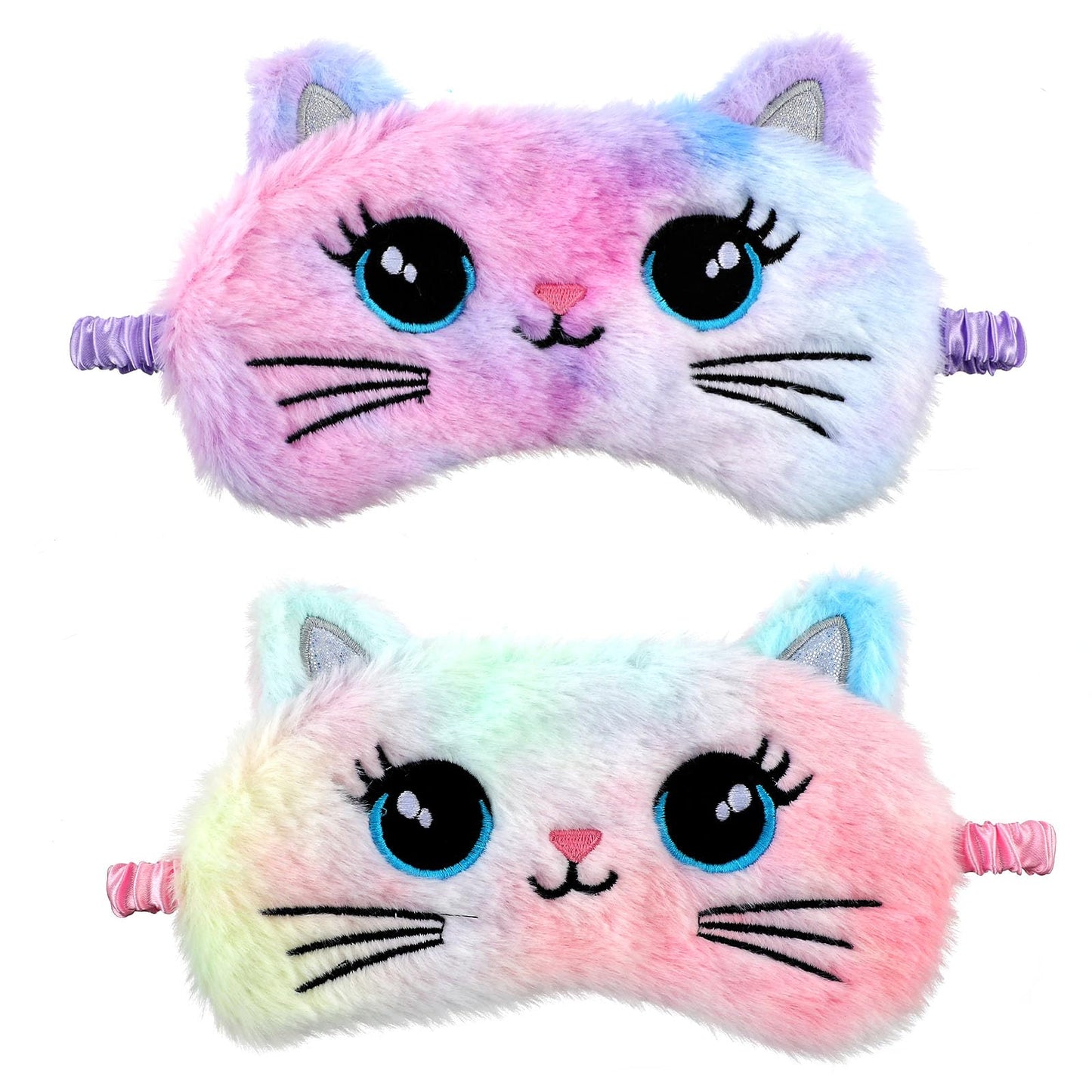 2 Pcs Plush Eye Mask Soft Sleeping Blindfold Eye Cover Comfortable Cute Animal Sleeping Mask Satin Nap Night Eyeshade Cover for Women Men Gift (Colorful, Cat Style)