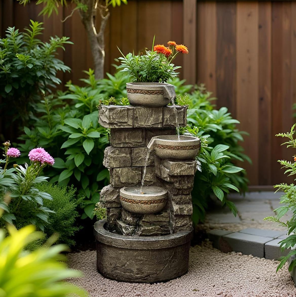 Cheng Pin Water Fountain Outdoor - 28 Inch Tall Cascading Bowls and Stacked Stones Design, Create Relaxing Waterfall Flow Water Feature for Outside Garden, Patio, Backyard