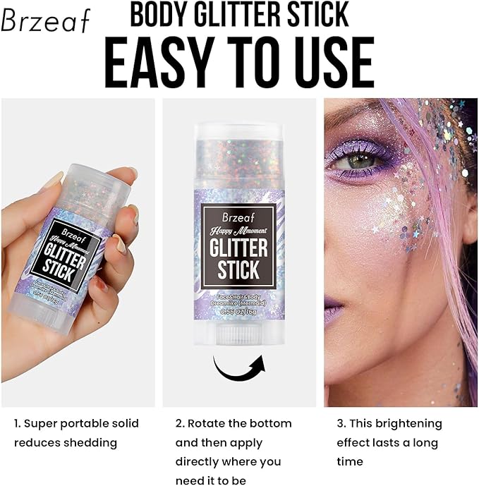 Brzeaf Waterproof Mermaid Glitter Stick, Shimmery& Long Lasting, Hallowen Hair Eyeshadow Face Body Glitter, Singer Concert Music Rave Festival, Glitter Stick Makeup & Face Glitter Gel for Women Men