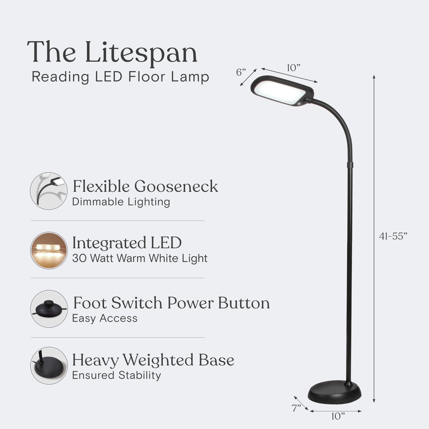 Brightech Litespan Slim LED Floor Lamp, Adjustable Gooseneck, Dimmable, Jet Black, Model LTSPAN-CLRS-BK