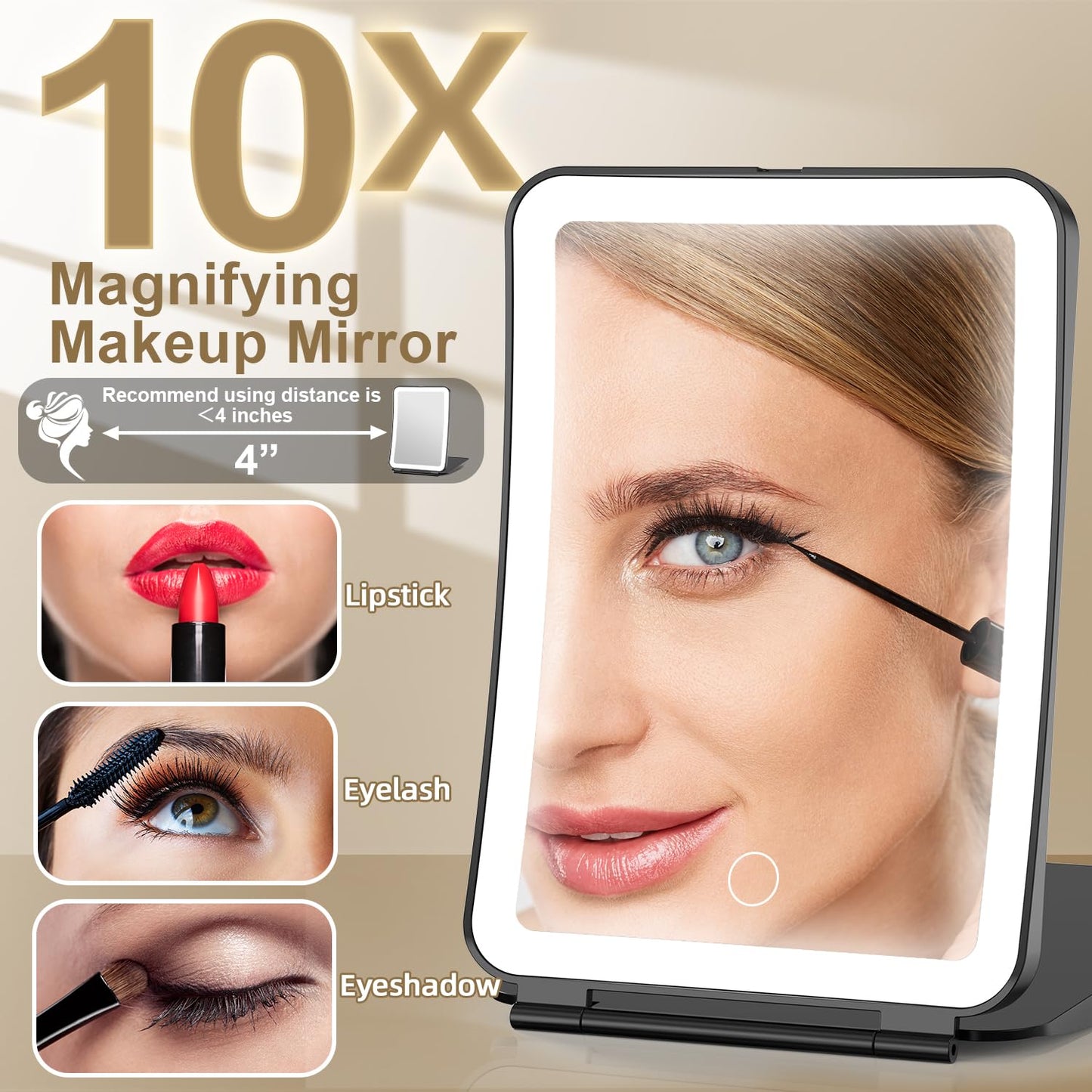 Mocado Travel Makeup Mirror with Light, 1x/10x Magnifying Mirror with Light, 3 Colors Lighted Magnifying Mirror, 2000mAh Recharg