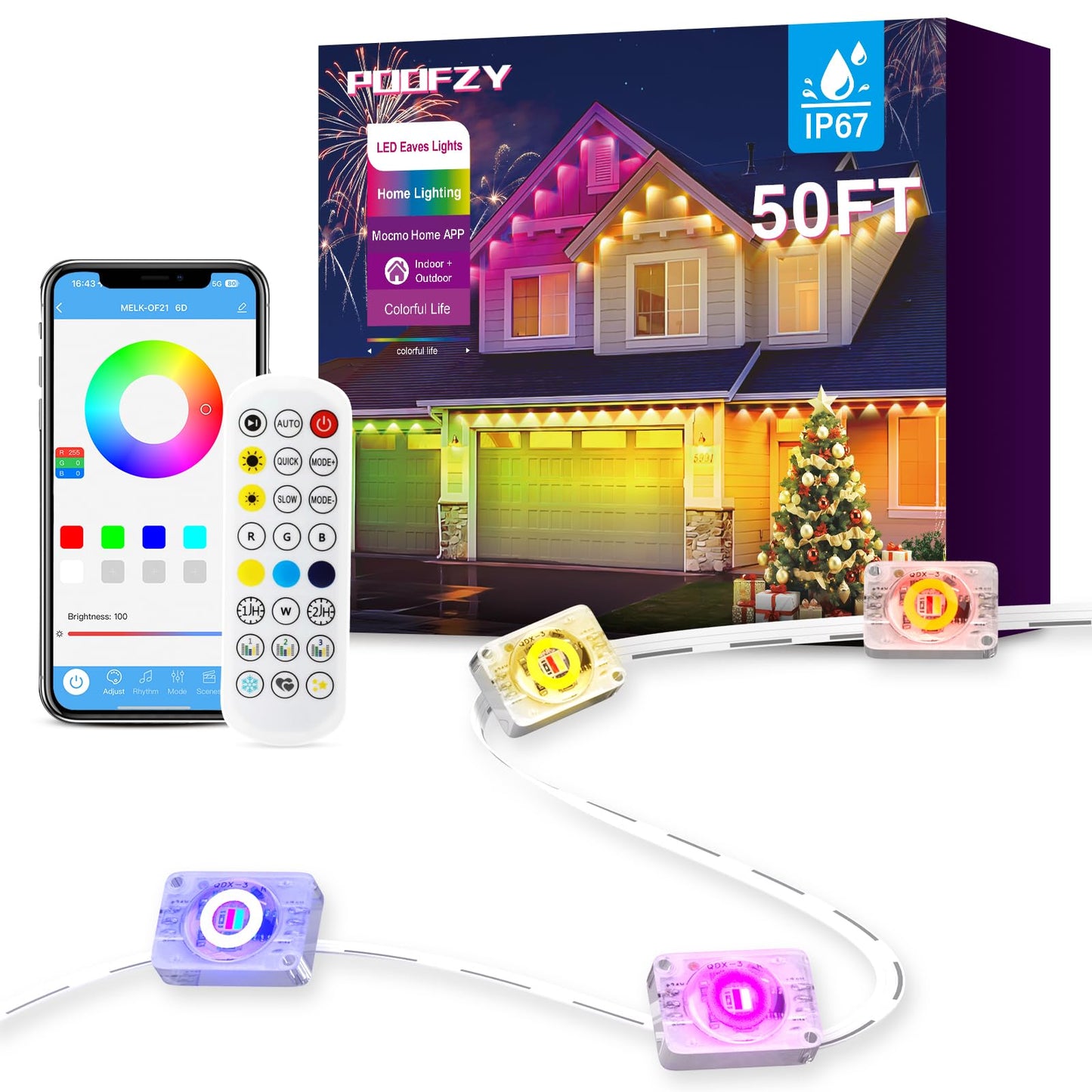 POOFZY Outdoor Lights, 50ft RGB+IC, Smart Control, IP67 Waterproof, 50 Scene Modes, Model HCP045