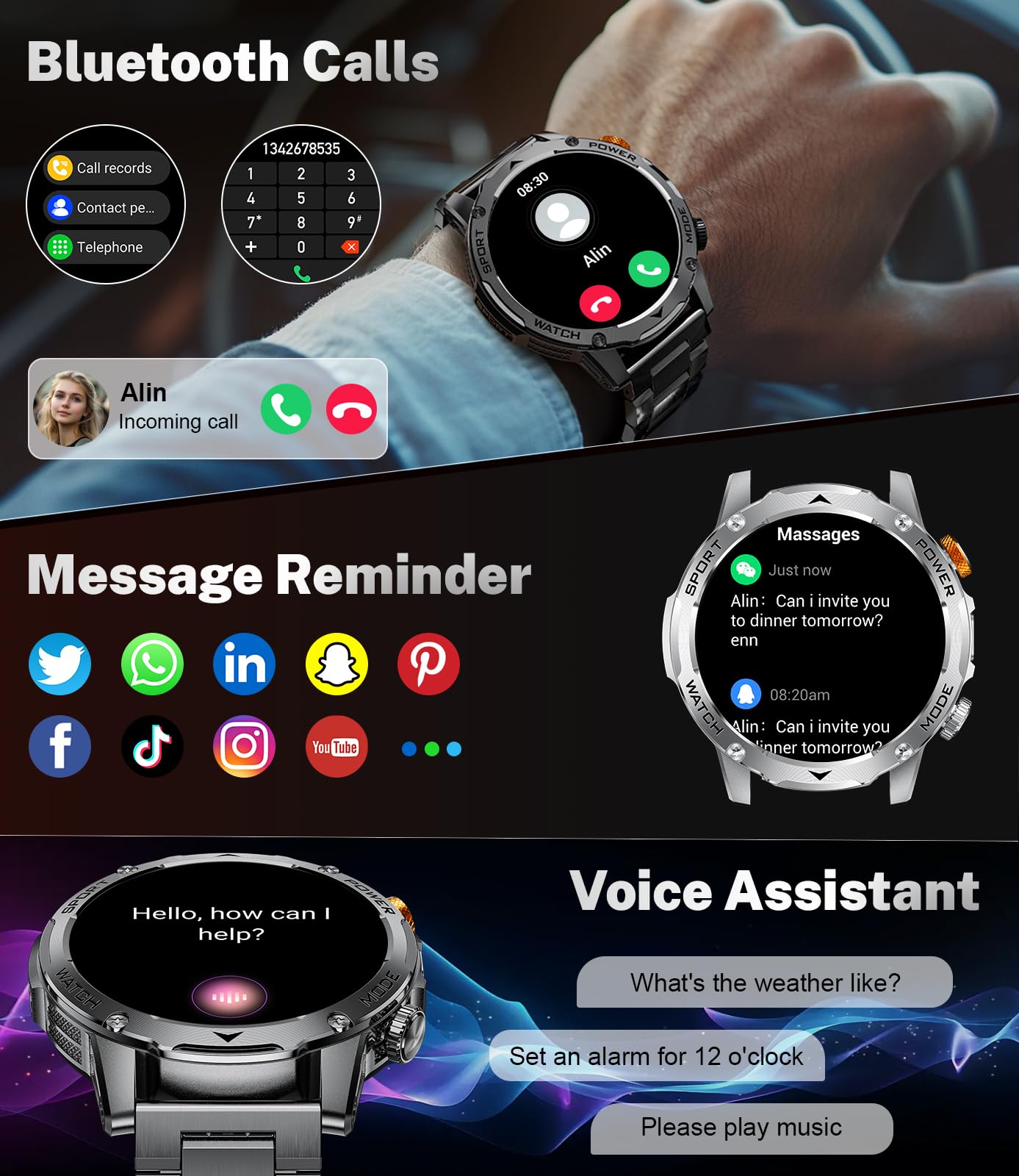 BENYAR SMART Military Smart Watches for Men(3 Bands),1000mAh/1.75" HD Large Screen Smartwatch, Flashlight/110+ Sports Modes/IP68 Waterproof/Sleep Monitor Fitness Tracker Watch for Android IOS,Gunmetal