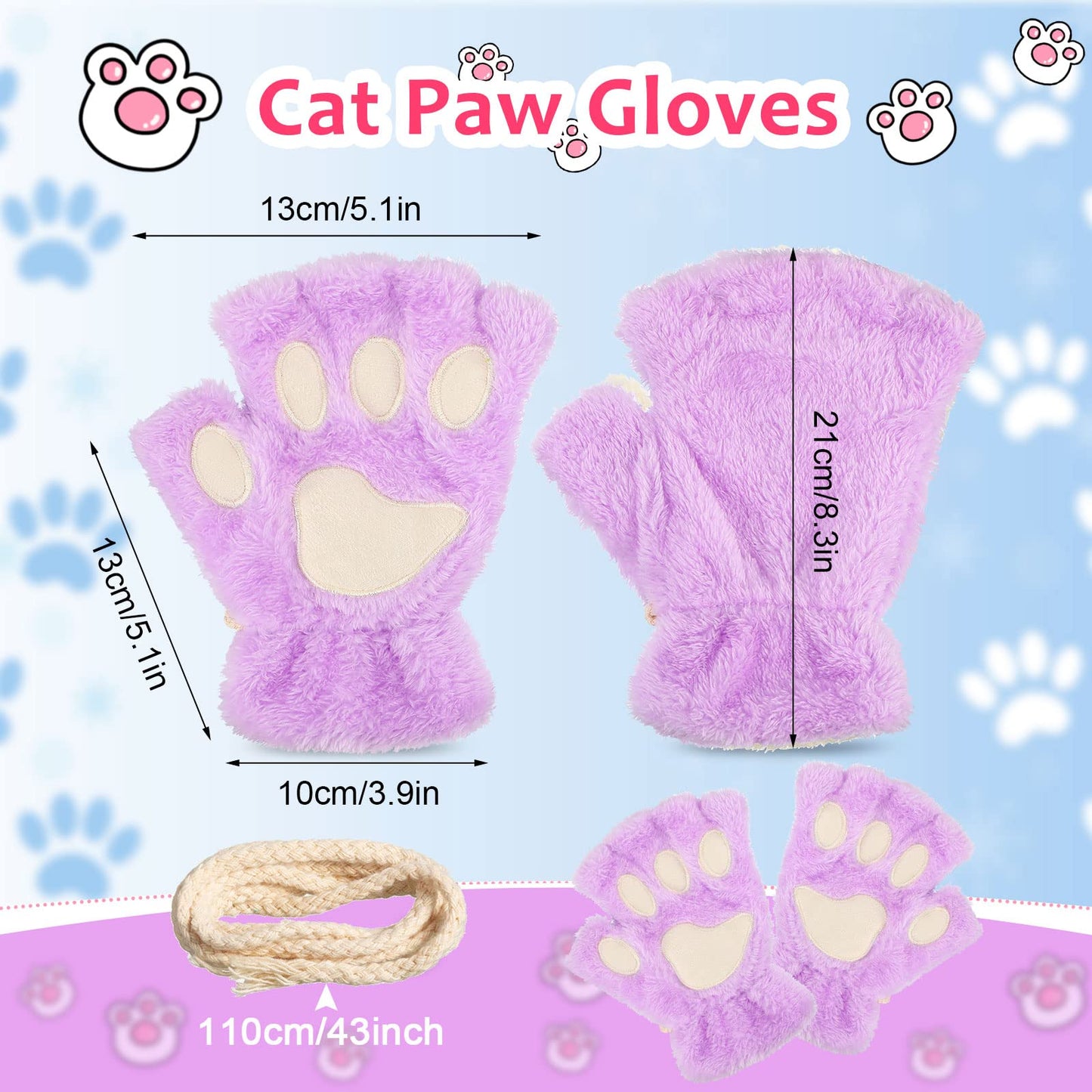 Geyoga 3 Pairs Cat Paw Gloves Kawaii Fur Plush Cat Bear Furry Paws Winter Fingerless Gloves for Girls Women Halloween Cosplay(Rose Red, Purple, Peacock Blue)