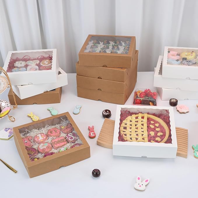 Brown Bakery Boxes with Window (6pcs, 9x9x2.5 Inch) for Christmas: Ideal for Pie, Cookies, Chocolate Covered Strawberries, Breakable Heart & Charcuterie