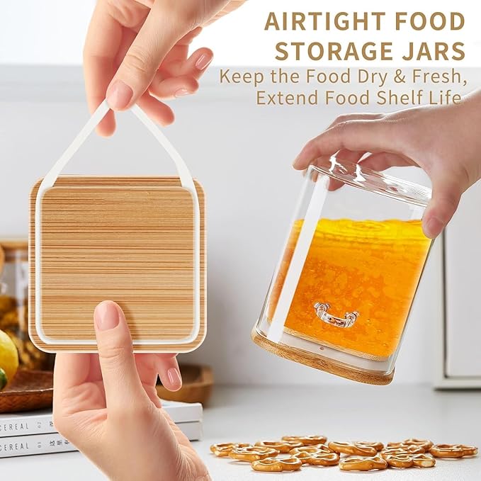 Unbreakable Glass Jars with Airtight Bamboo Lid and Spoon, 4Pcs 49OZ Glass Kitchen Canisters, Overnight Oats Containers, Glass Food Storage Containers for Coffee Beans, Flour, Sugar, Cookie,Pasta