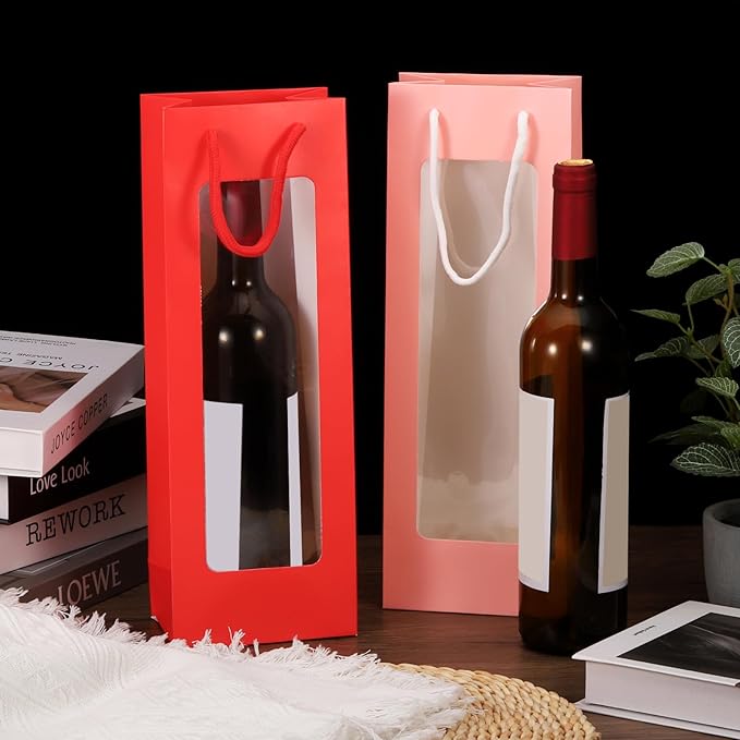 uxcell Wine Bags, 12pcs 4.92"x3.35"x14.2" Wine Gift Bags with Rope Handles, Paper Wine Tote Bag with Clear Window for Wedding Birthday Christmas Party Supplies, Black