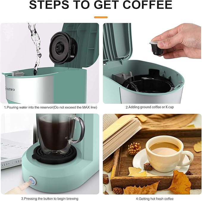 LITIFO Single Serve Coffee Maker for Ground coffee, Tea & K Cup Pod, 2-In-1 Small Coffee Machine with 6 to 14oz Reservoir, One-Button Fast Brew, Auto Shut-off & Self Cleaning Function (Green)