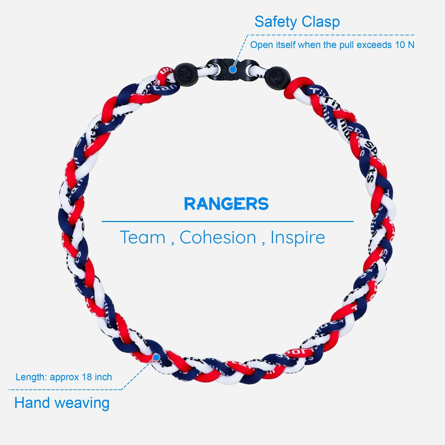 SUPBOMM Baseball Rope Necklaces, League Team Colors Braided Necklace, Baseball Team Gifts, Rangers