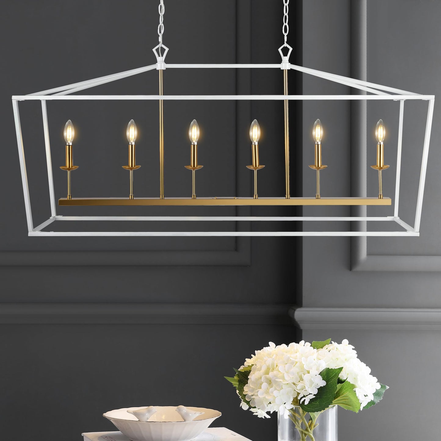 Jonathan Y 49 Metal Led Pendant Light, White/Brass Gold, Model Jyl7439E, Classic Traditional Design For Dining Room, Living Room, Kitchen