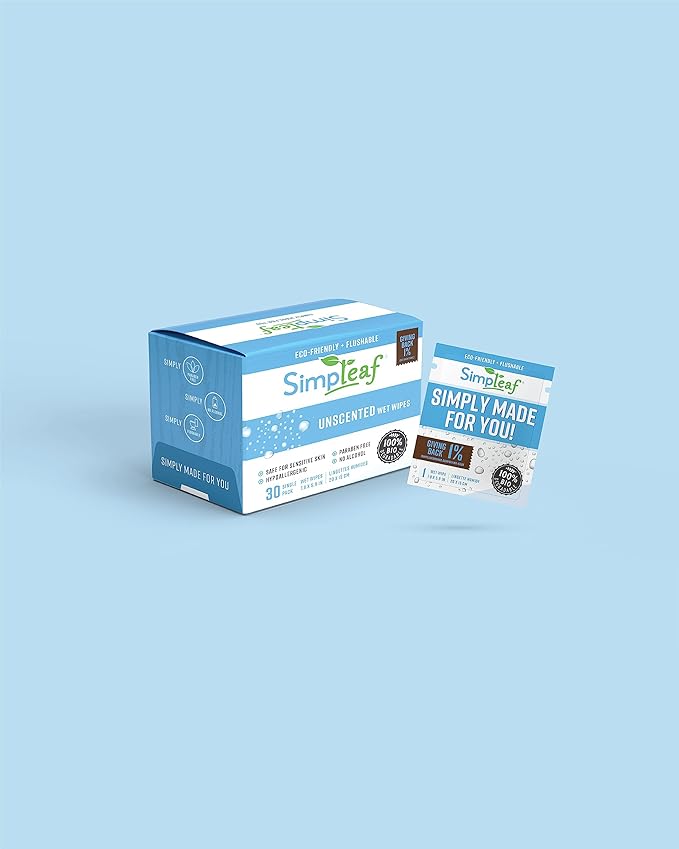Simpleaf Flushable Unscented Single Pack Wet Wipes | Eco-Friendly Paraben & Alcohol Free | Hypoallergenic & Safe for Sensitive Skin | Soothing Aloe Vera Formula | (30 x 4 Single Pack Wipes)