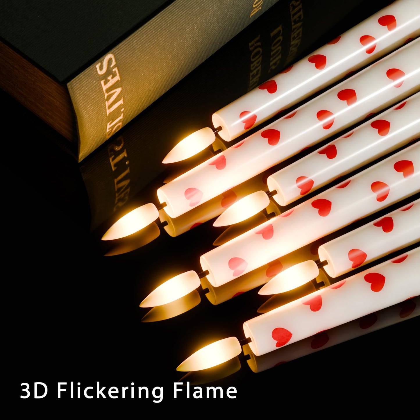 AFINETH Valentine Day Flameless Taper Candles with Heart, 9.6" Real Wax LED Candles with Remote, 3 Pack Flickering Battery Operated Candlesticks for Proposal Wedding Anniversary Romantic Night
