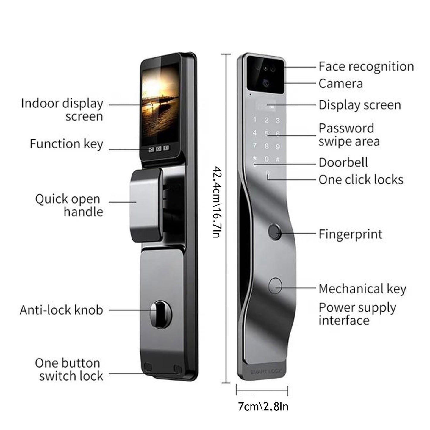 Smart Door Lock with 3D Face Recognition & 1080P Camera – Keyless Entry via Face ID, Palm Ve, Fingerprint, App, Code, IC Card & Key | WiFi, Auto-Lock, Alexa & Tuya Compatible
